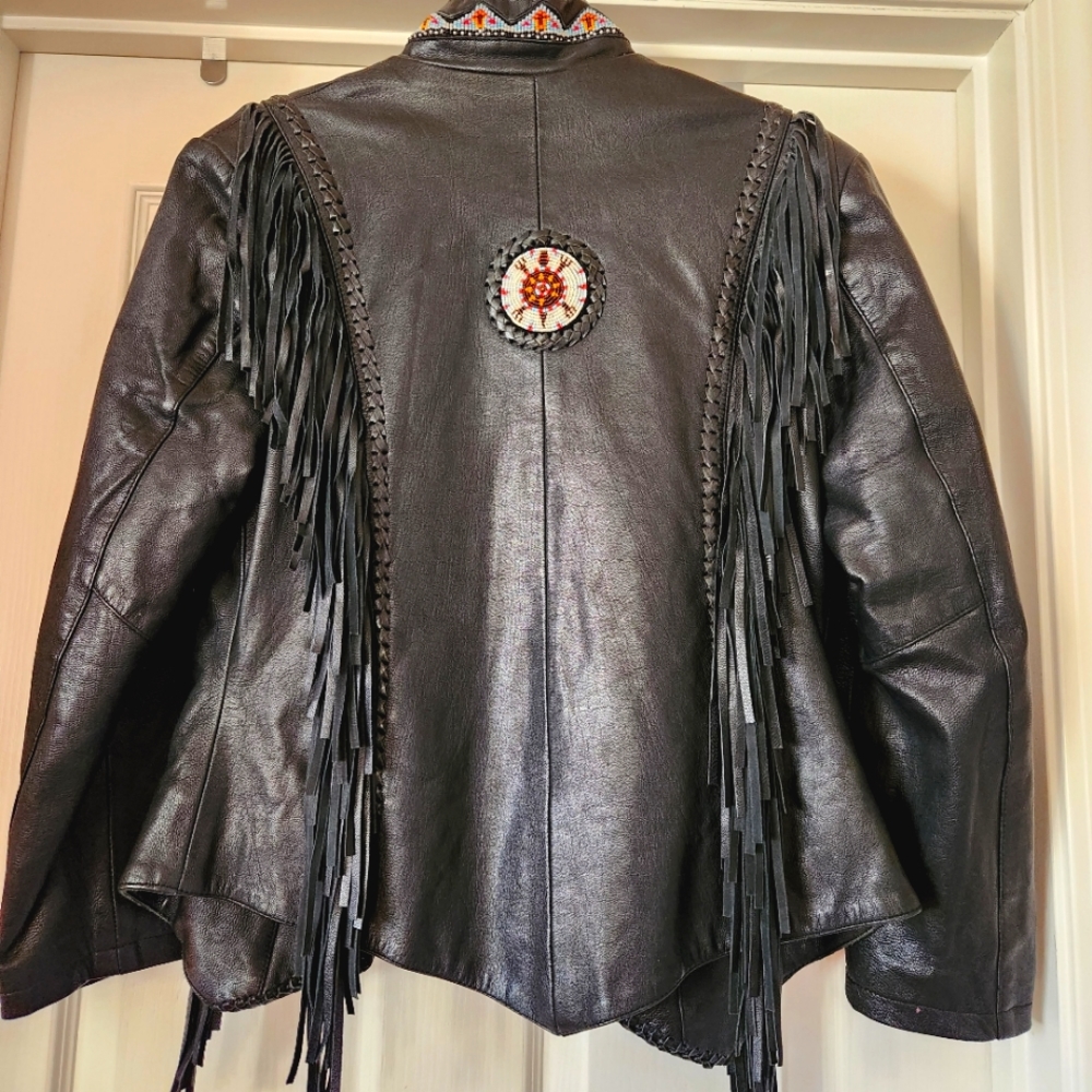 3B WEST Tansmith Black Fringe Multi Beads Leather Western Native Coat Jacket 36 - Picture 3 of 16